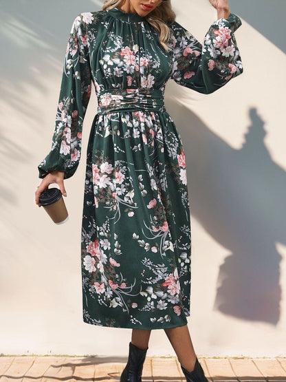 Floral Print Fit & Flare Midi Dress in Green - Nowi Korean Fashion