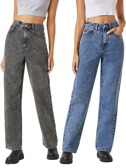 Pack Of 2 High-Rise Heavy Fade Clean Look Stretchable Cotton Jeans in Blue - Nowi Korean Fashion