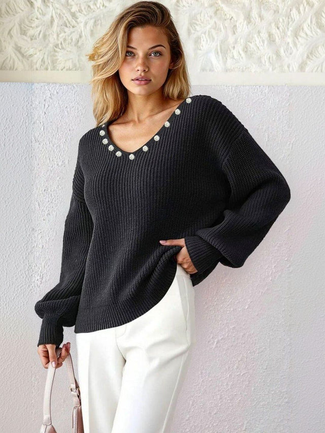 Ribbed Pullover in Black acrylic Style 524 - Nowi Korean Fashion