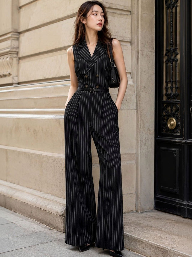 Striped V-Neck Basic Jumpsuit