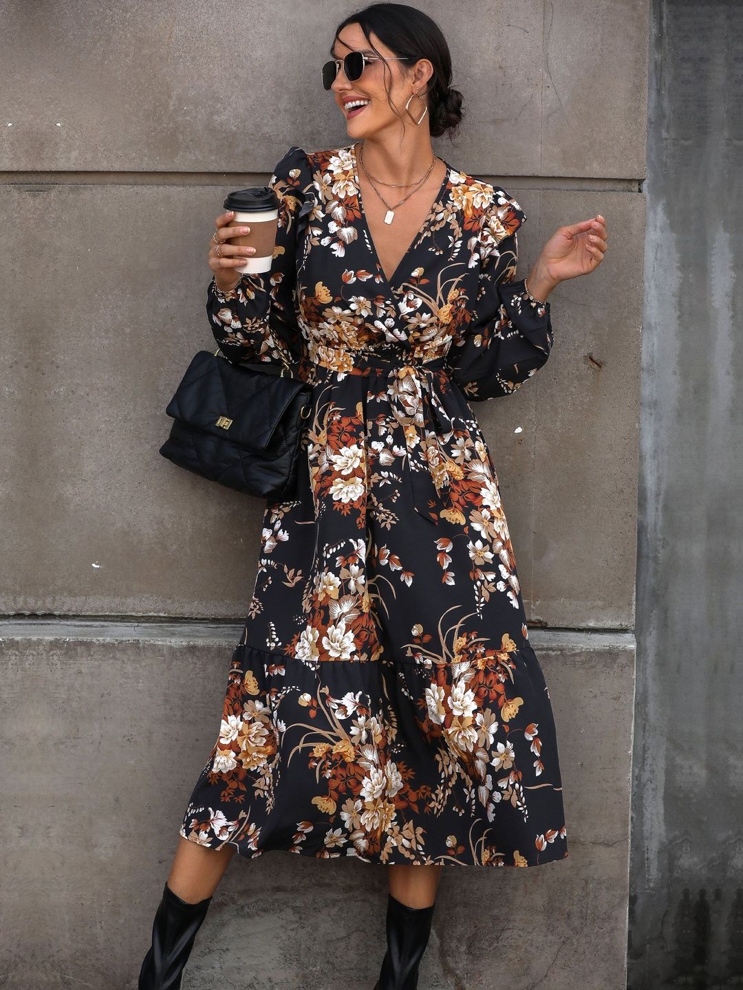 Floral Print Puff Sleeve Ruffled Midi Dress