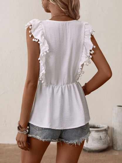 Floral Embroidered Flutter Sleeve Ruffles Ethnic Cotton Peplum Top