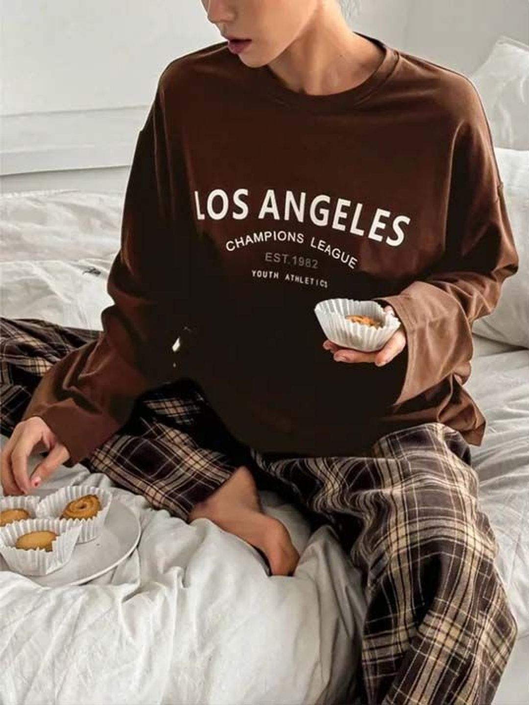 Brown Solid Top with Checked Trousers
