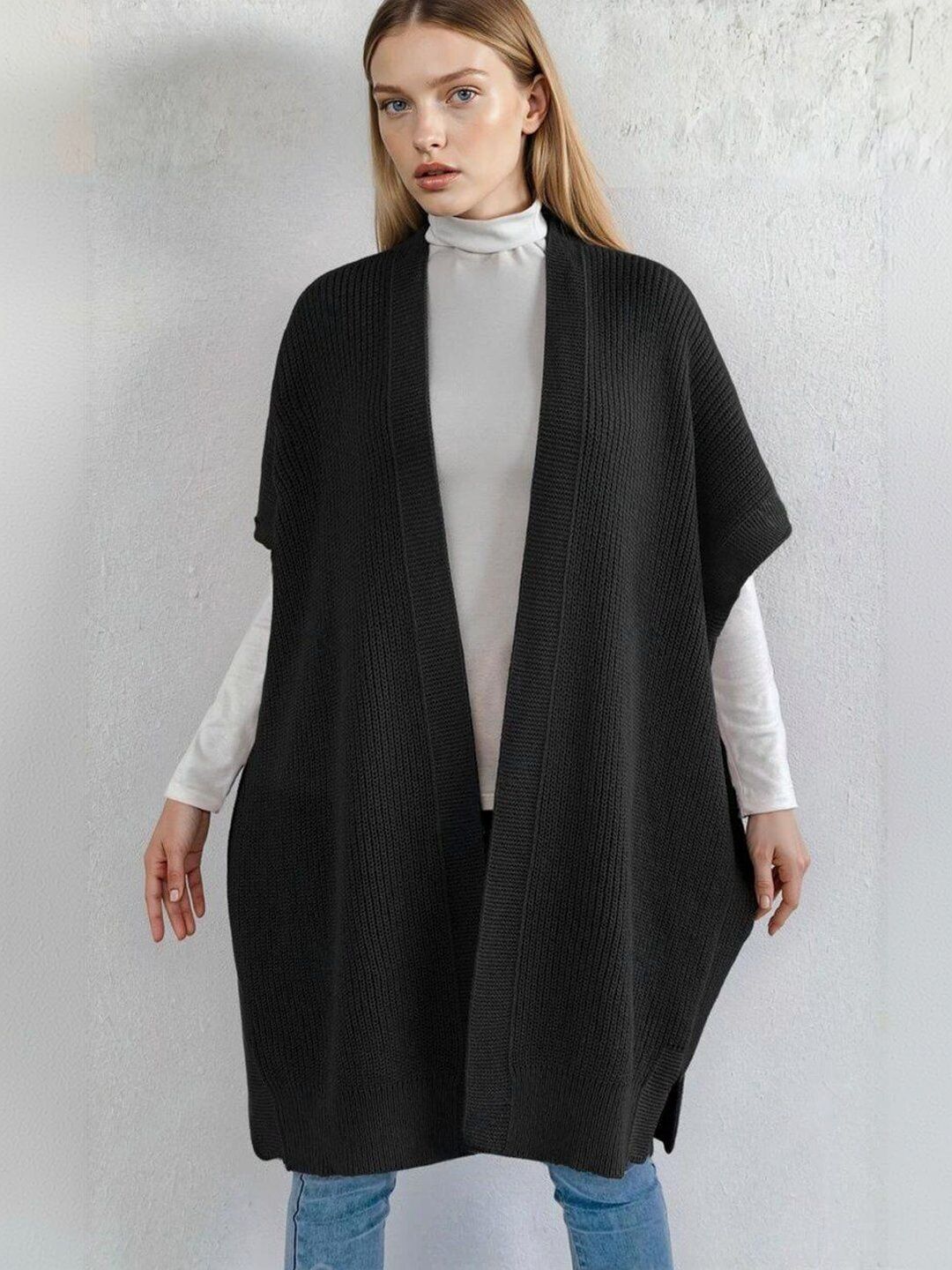 Longline Shrug in Black acrylic Short Sleeve - Nowi Korean Fashion