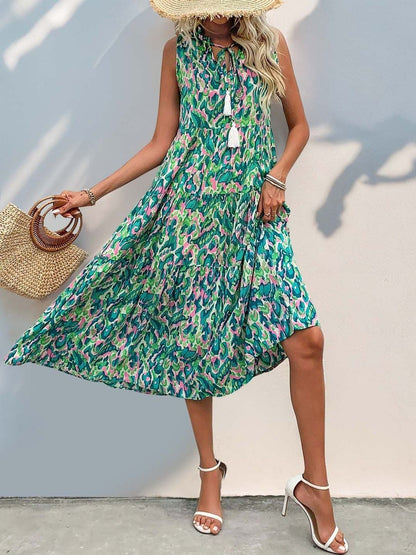 Women's Green Print Tie-Up Neck A-Line Midi Dress
