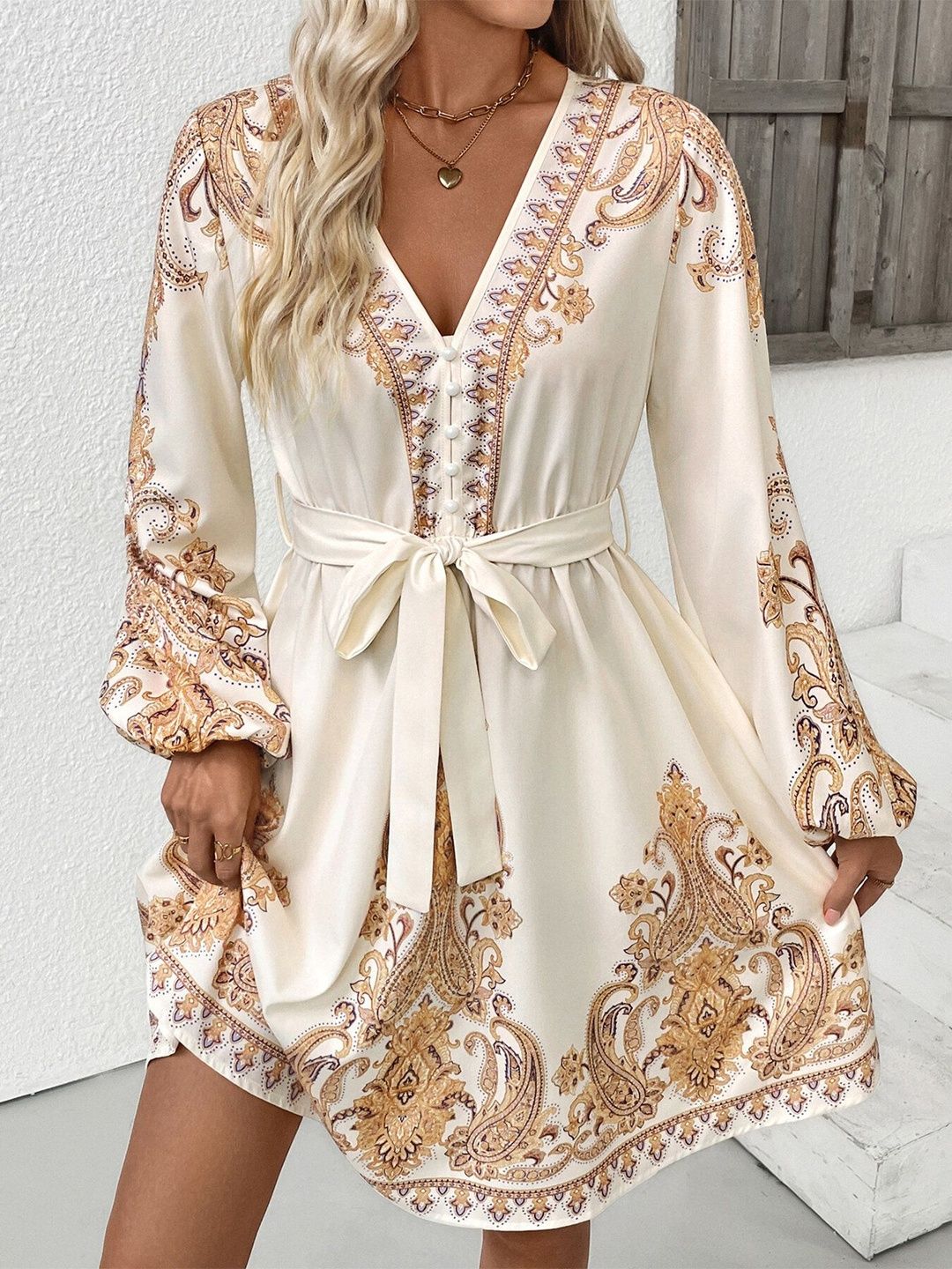 Women's Beige Nowi Print Bishop Sleeve A-Line Dress