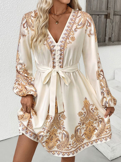 Women's Beige Nowi Print Bishop Sleeve A-Line Dress