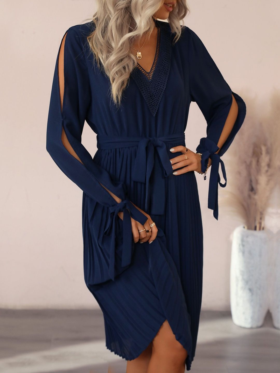 Women's Blue Nowi Slit Sleeve Fit & Flare Midi Dress