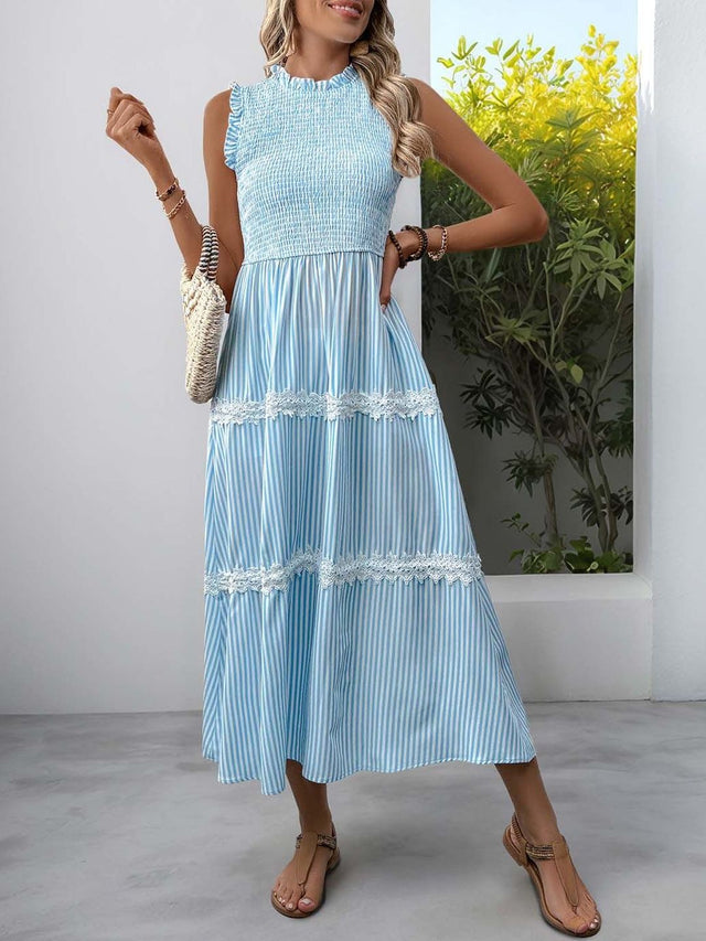 Striped Ruffled Fit & Flare Midi Dress in Blue - Nowi Korean Fashion