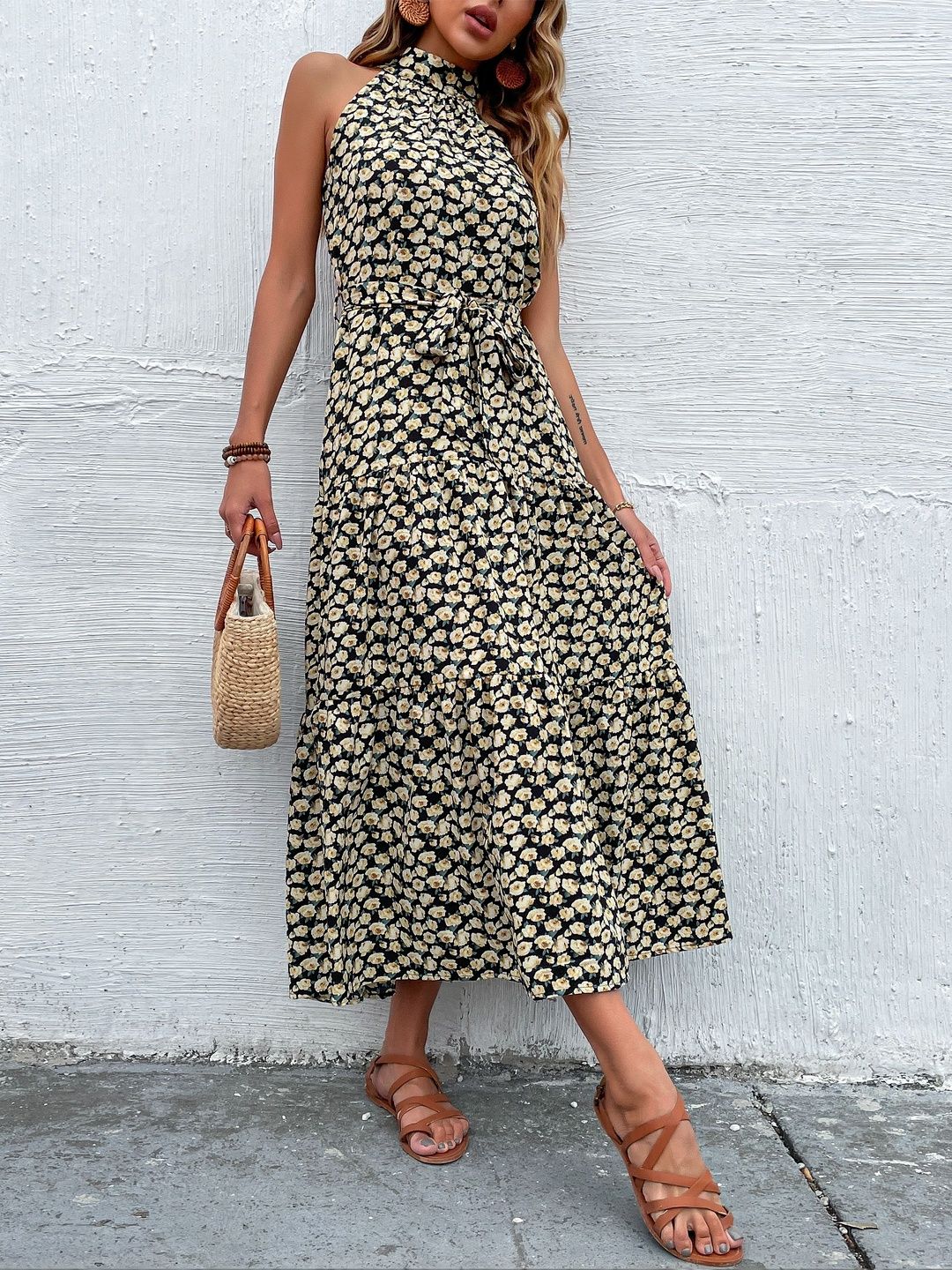 Floral Print Halter Neck A-Line Midi Dress
