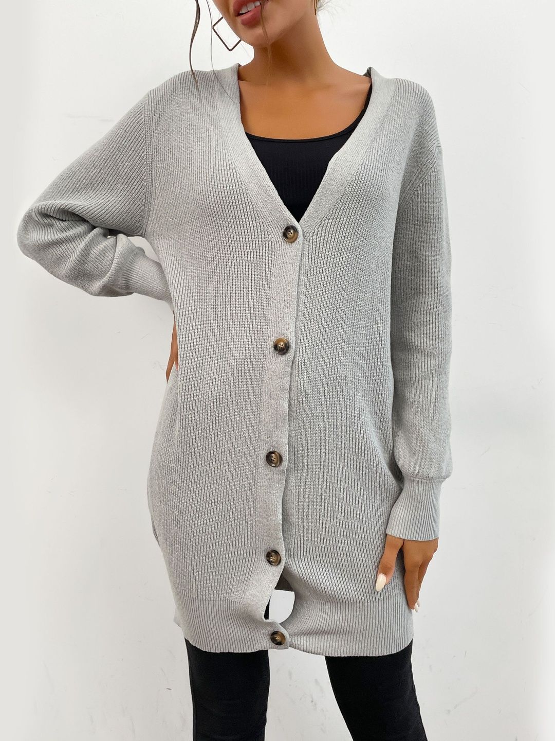 Women's Grey Ribbed Cardigan Blend Printed Regular Fit