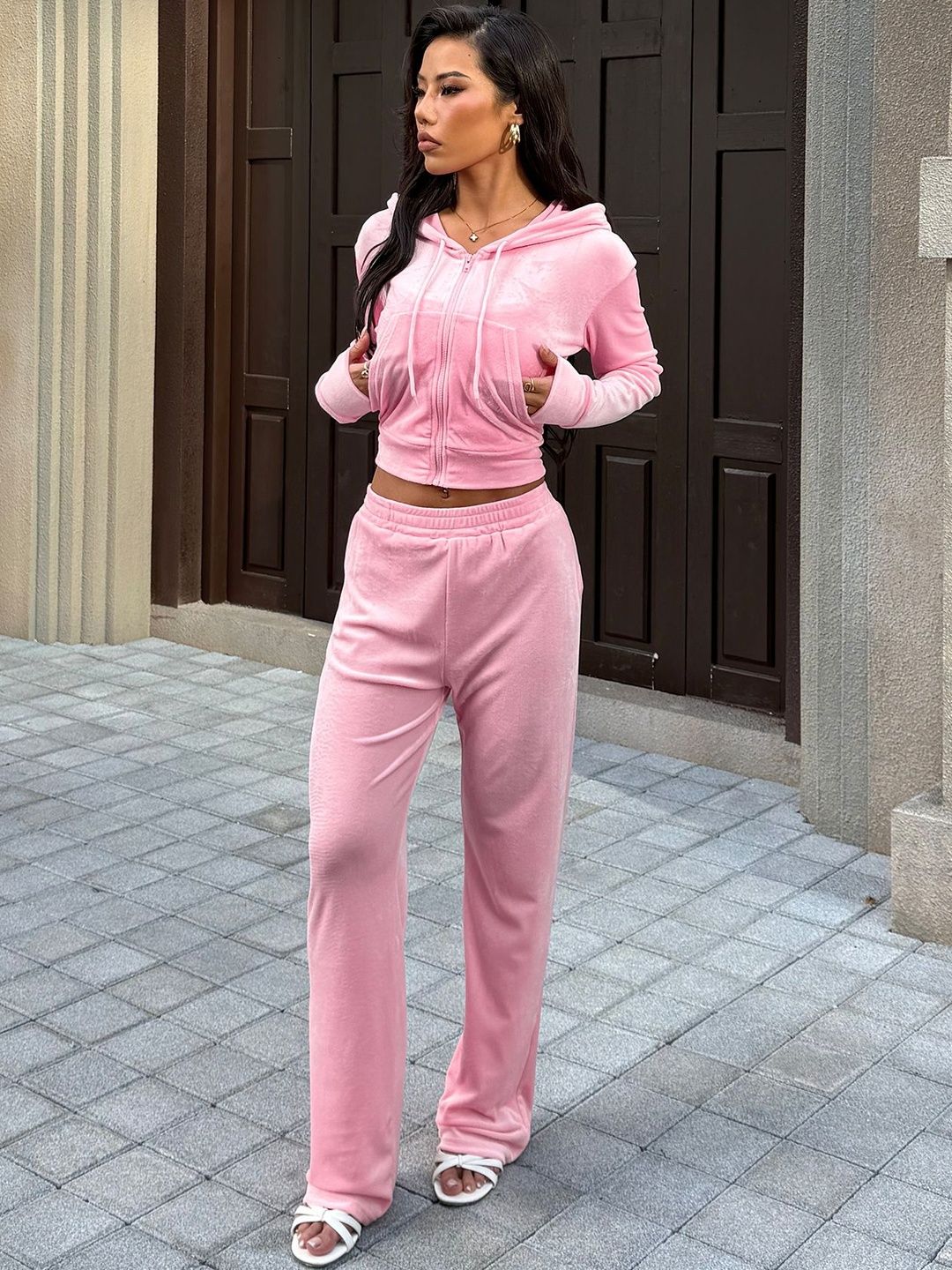 Pink Solid Hooded Sweatshirt & Trousers Co-Ords