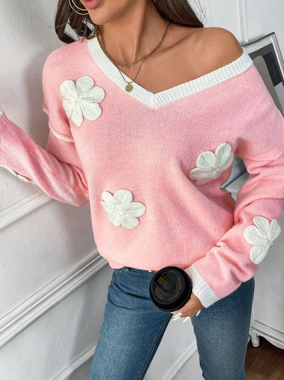 Women's Pink Pullover With Applique Detail Blend Printed