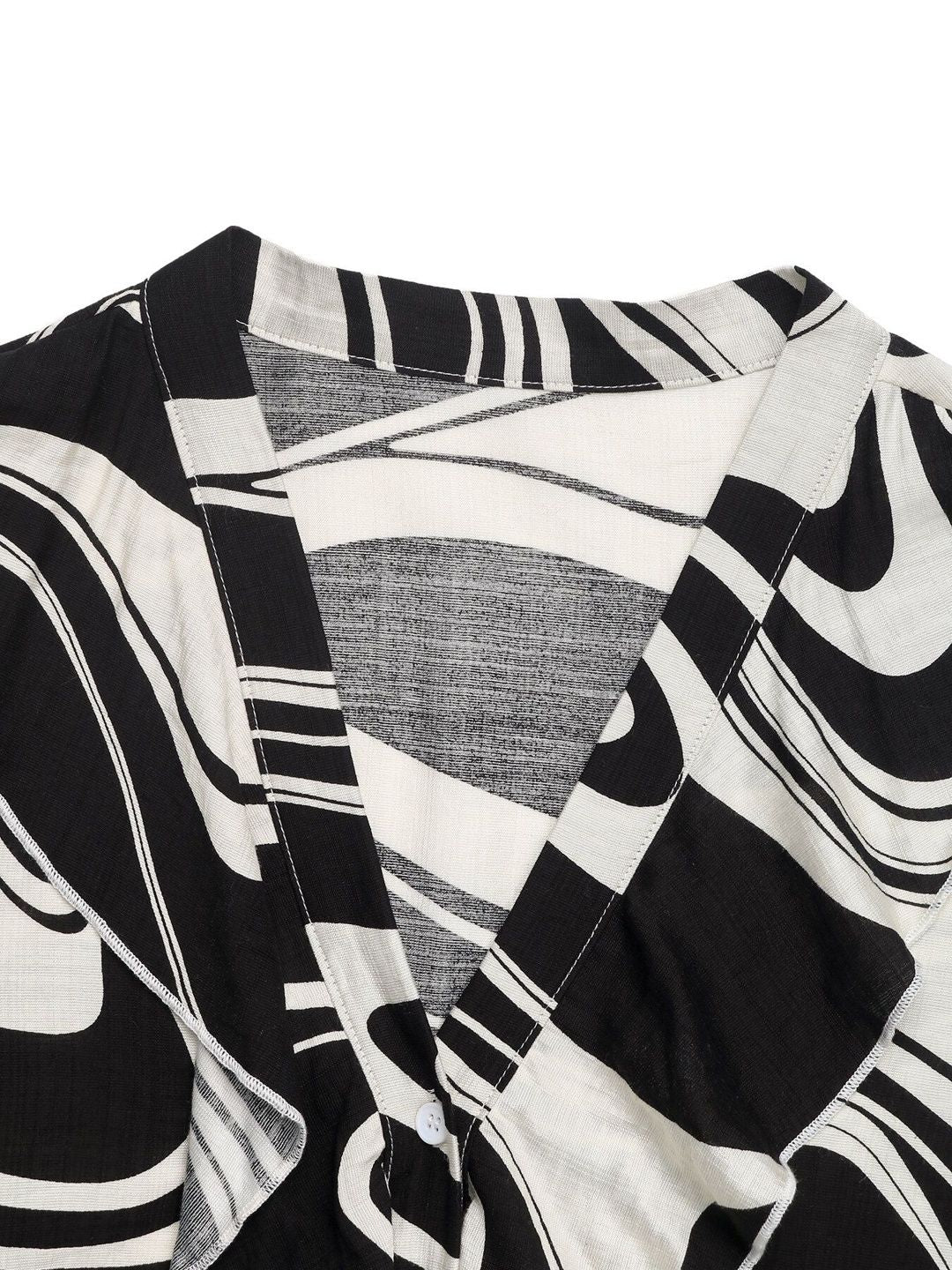 Women's Black Print Flared Sleeve Ruffled Linen Mini Dress