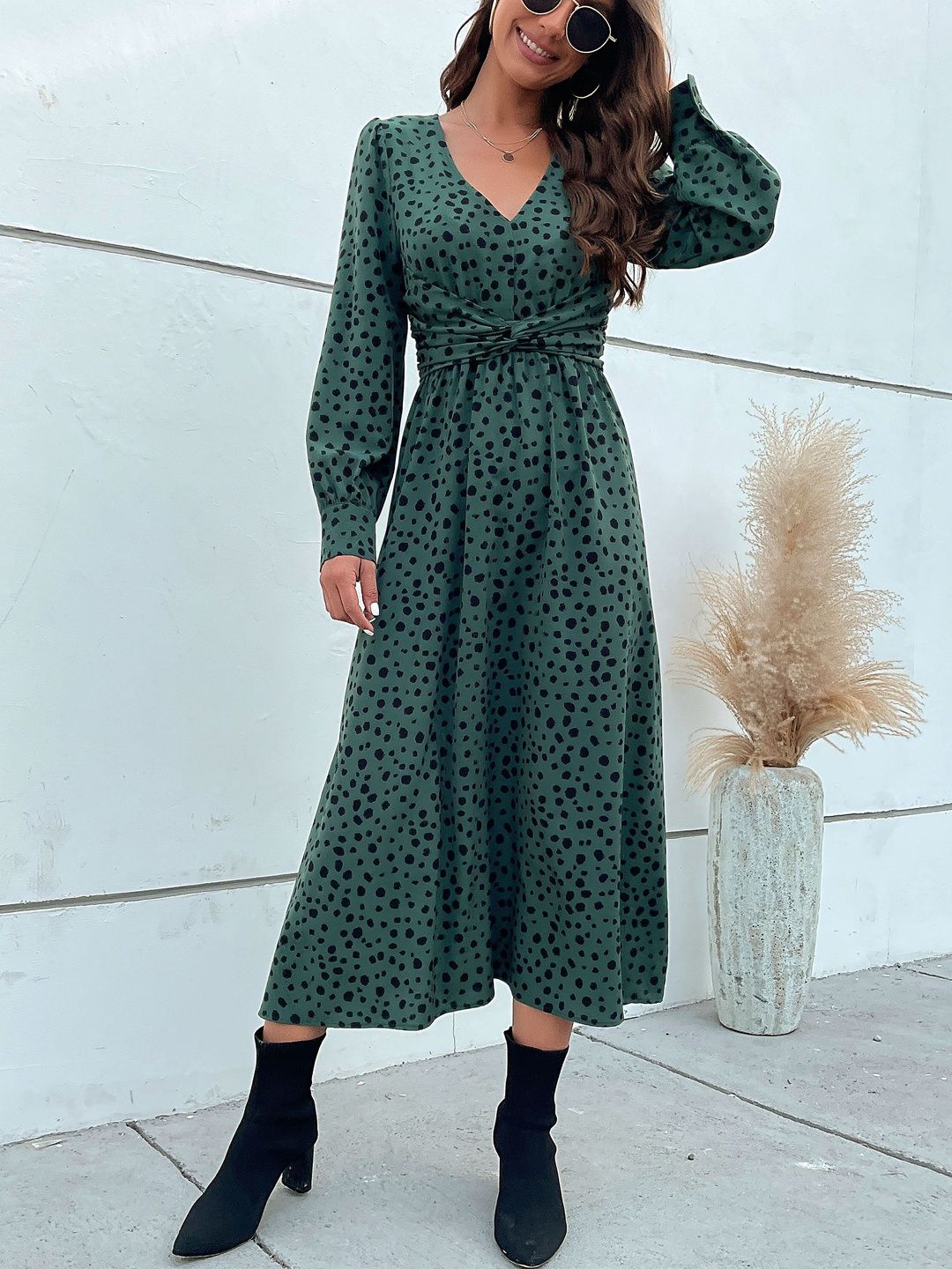 Women's Green Print Midi Dress