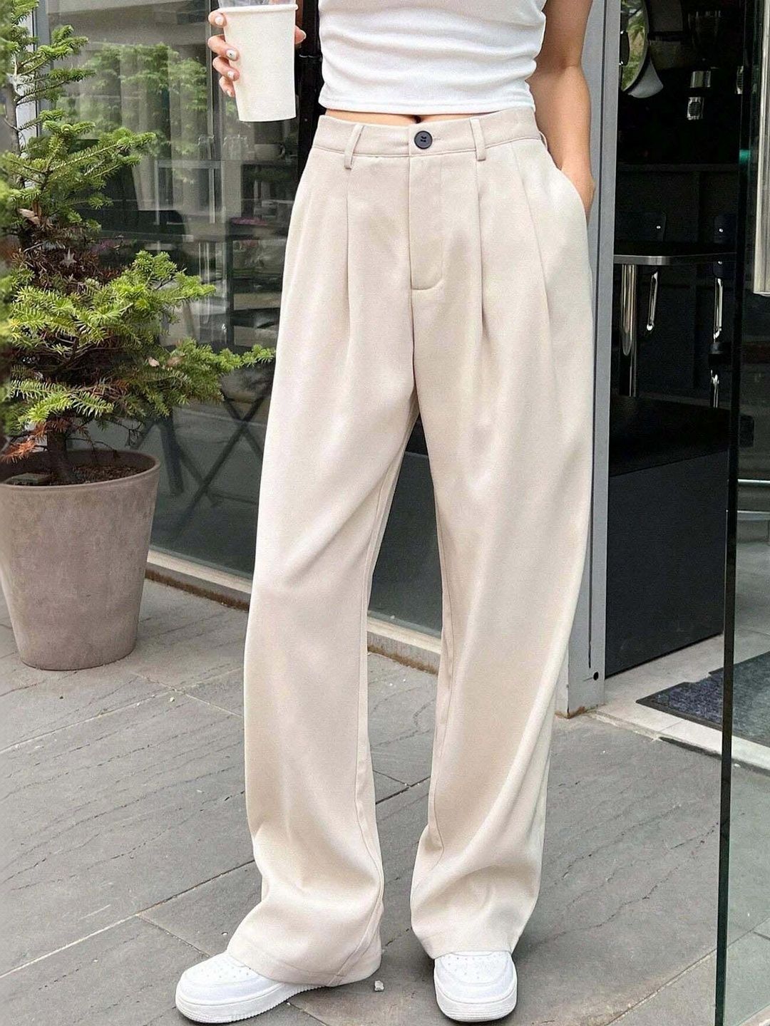 Pleated Trousers in Beige - Nowi Korean Fashion