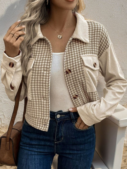 Geometric Checked Corduroy Denim Jacket in Beige - Nowi Korean Fashion