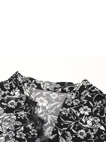 Women's Black Floral Print Bishop Sleeve Midi Dress