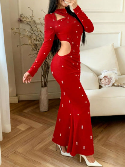 Red Embellished Bodycon Maxi Dress with Long Sleeves