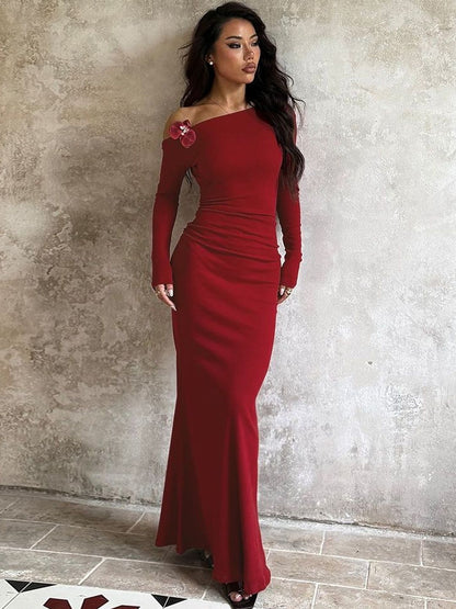Sheath Maxi Dress in Red cotton - Nowi Korean Fashion