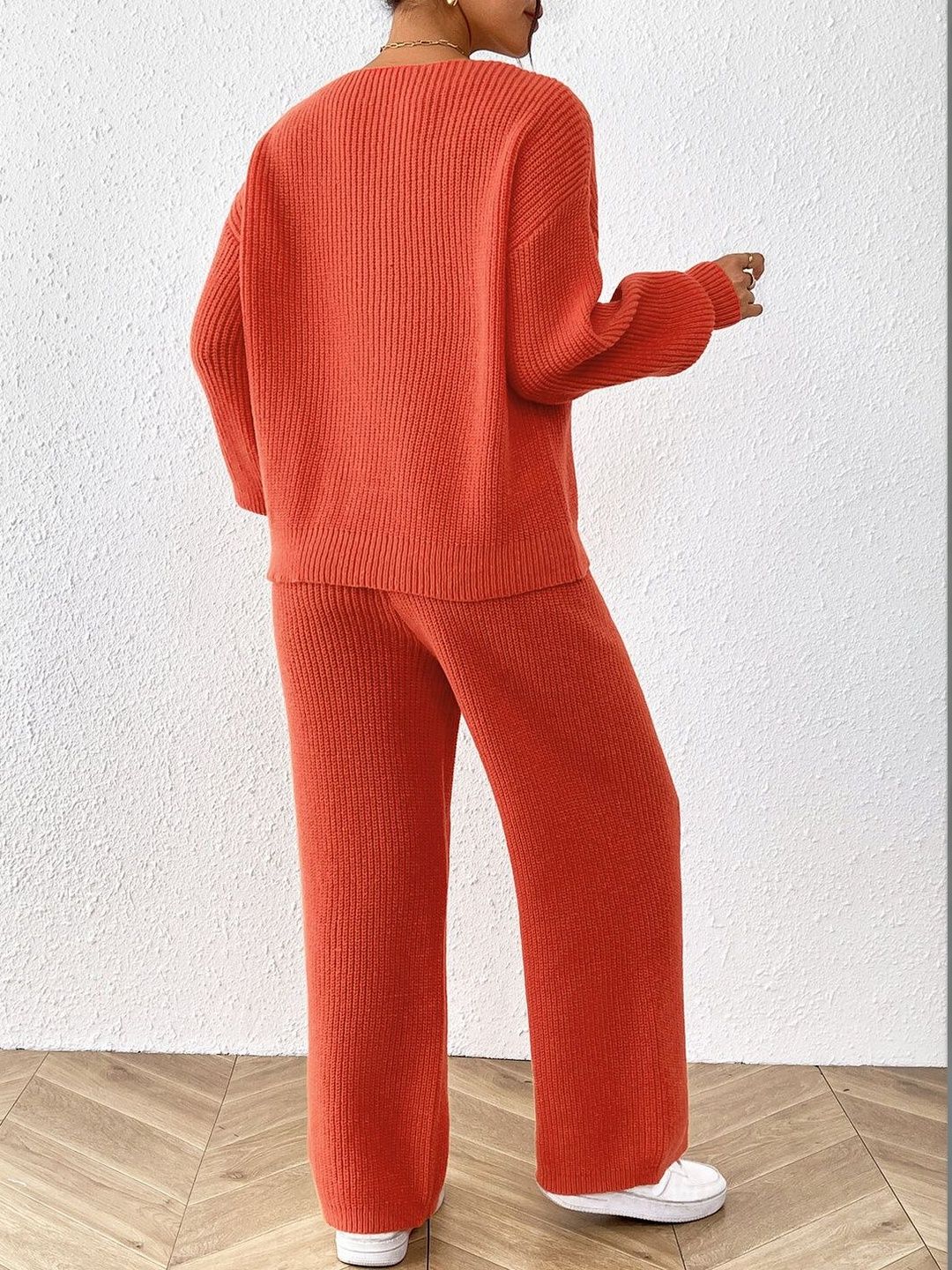 Orange Knitted V-Neck Sweater with Trousers