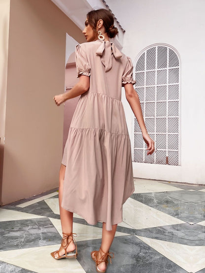Puff Sleeve A-Line Midi Dress
