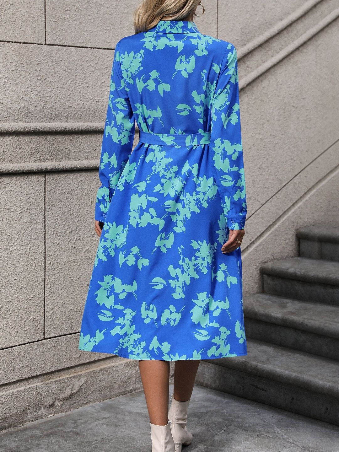 Women's Blue Floral Print Shirt Midi Dress