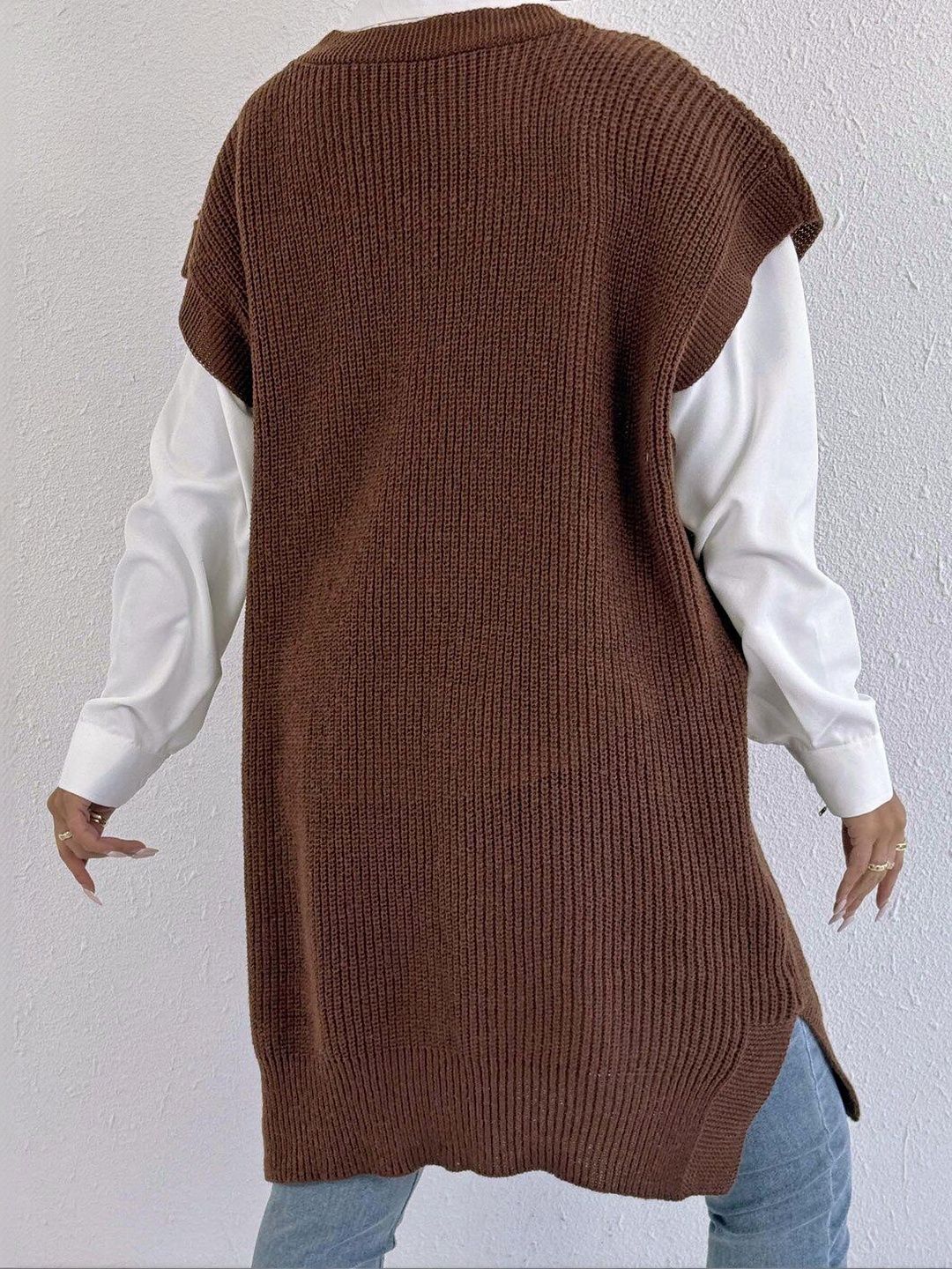 Women Ribbed Longline Sweater Vest with Embellished Detail
