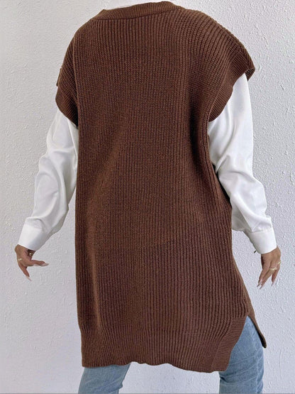 Women Ribbed Longline Sweater Vest with Embellished Detail