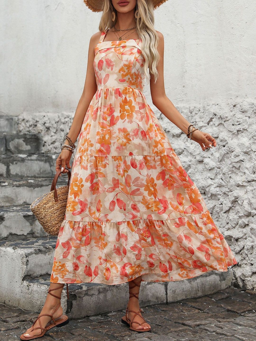 Floral Print Halter Neck Ruffled A-Line Midi Dress - Nowi Korean Fashion