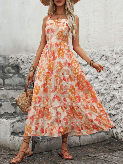 Floral Print Halter Neck Ruffled A-Line Midi Dress - Nowi Korean Fashion