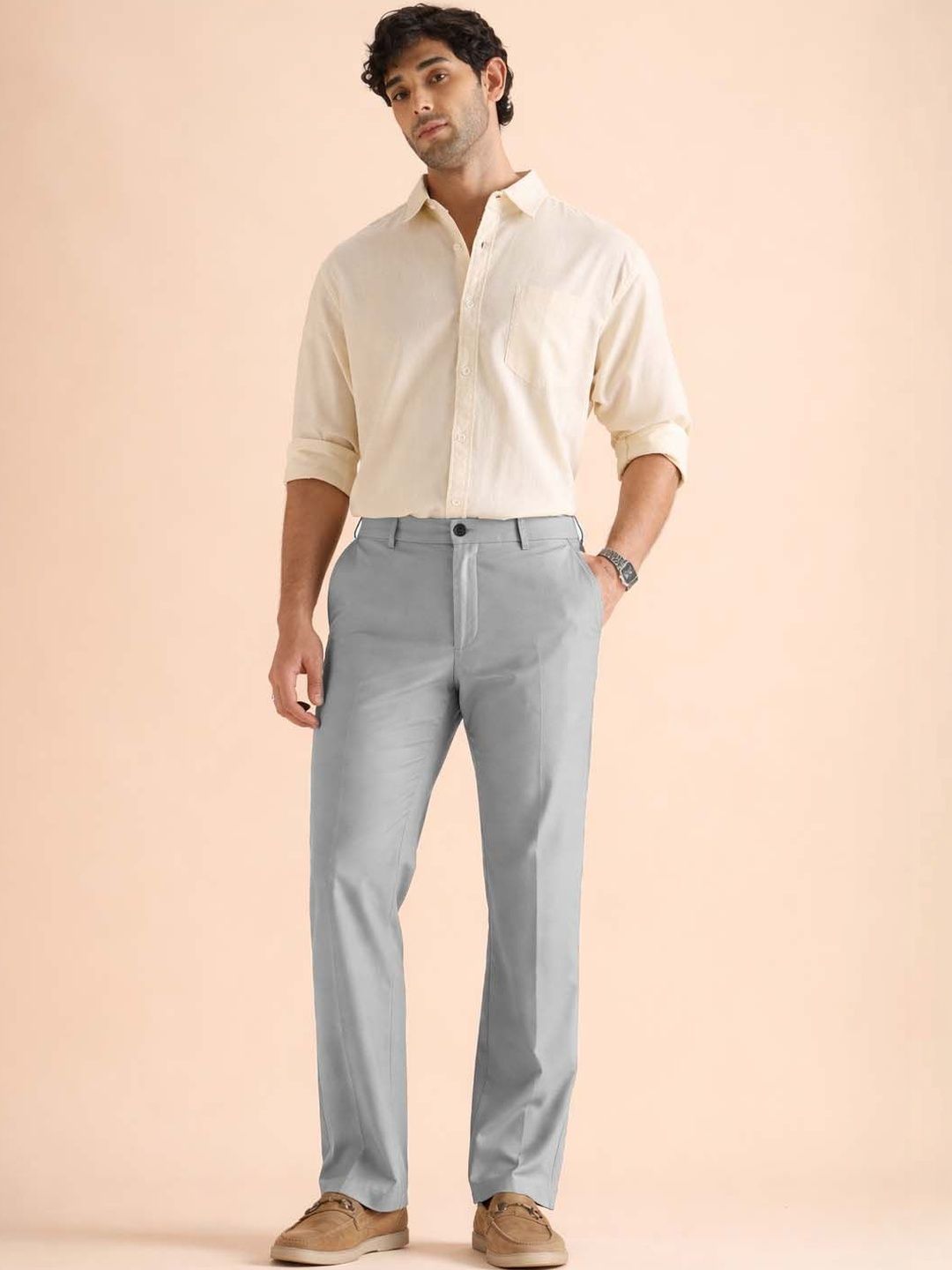 Men Straight Fit Wrinkle Free Pleated Trousers
