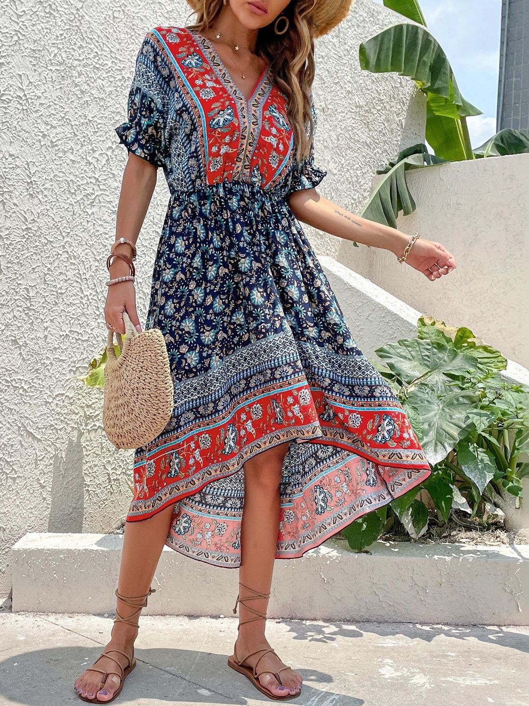 Floral Print Fit & Flare Midi Dress in Blue cotton - Nowi Korean Fashion