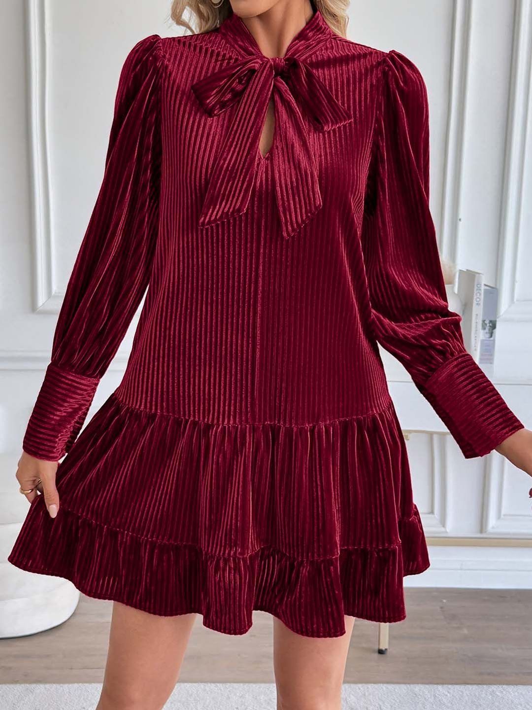 Tie-Up Neck Puff Sleeve Ruffled A-Line Dress in Maroon - Nowi Korean Fashion