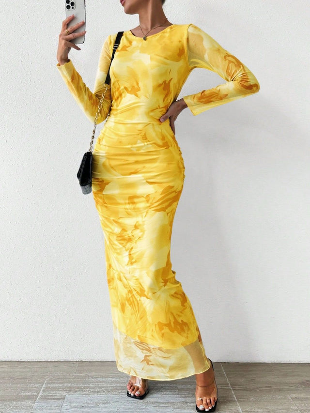 Floral Print Bodycon Maxi Dress in Yellow synthetic - Nowi Korean Fashion