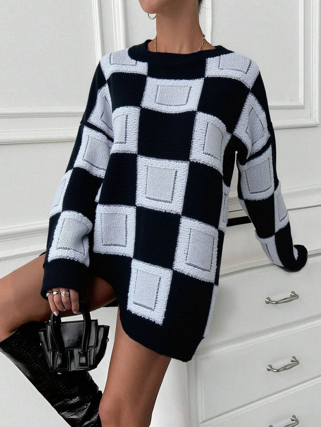 Checked Pullover with Fuzzy Detail - Nowi Korean Fashion