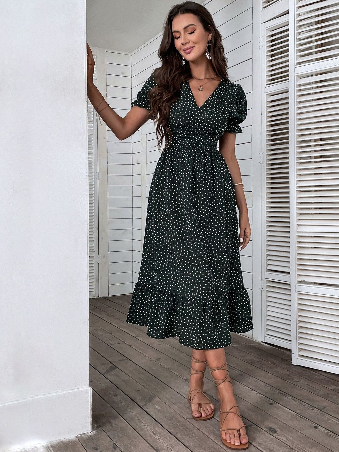 Polka Dot Print Puff Sleeve Fit & Flare Midi Dress