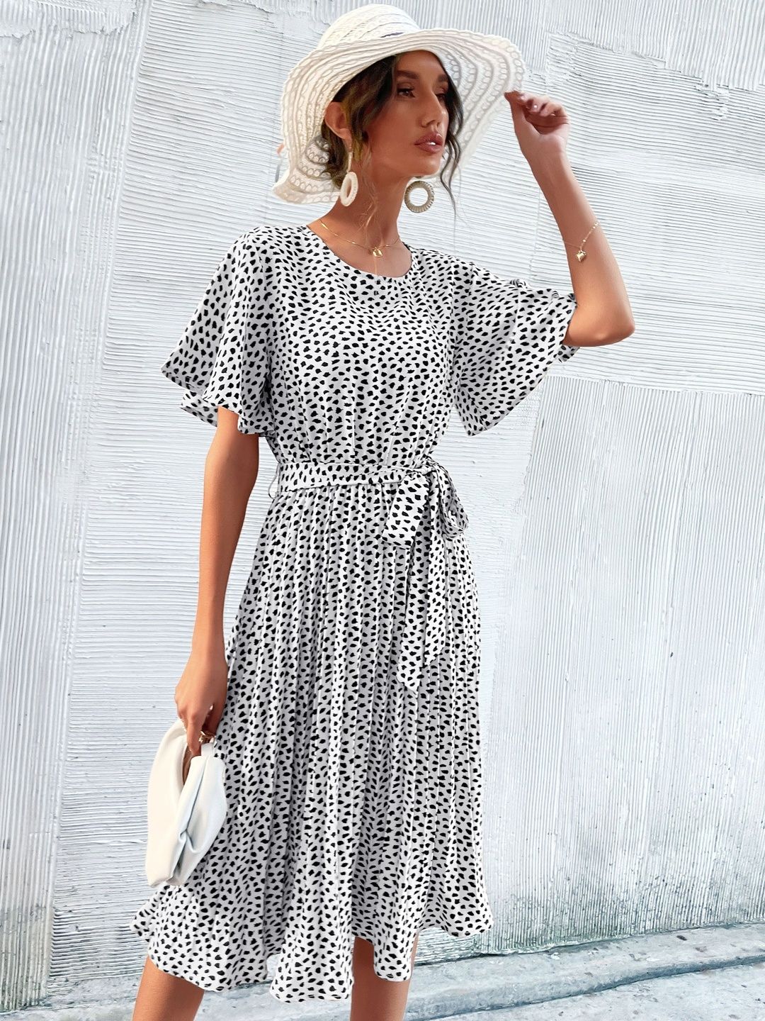 Polka Dot Print Flutter Sleeve Fit & Flare Midi Dress