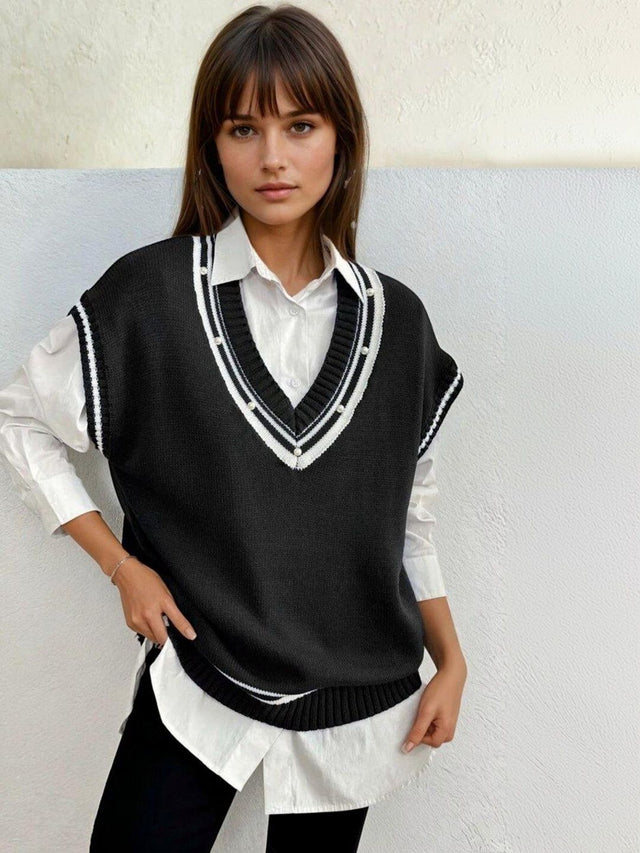 Striped Sweater Vest with Embellished Detail in Black acrylic - Nowi Korean Fashion