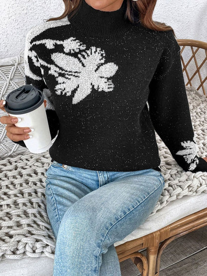 Floral Printed Pullover in Black - Nowi Korean Fashion