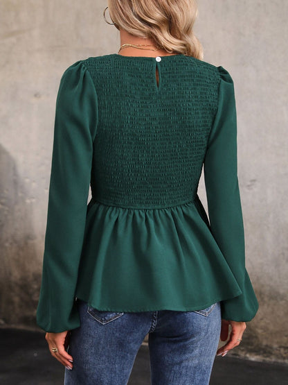 Women's Green Smocked Cotton Peplum Top