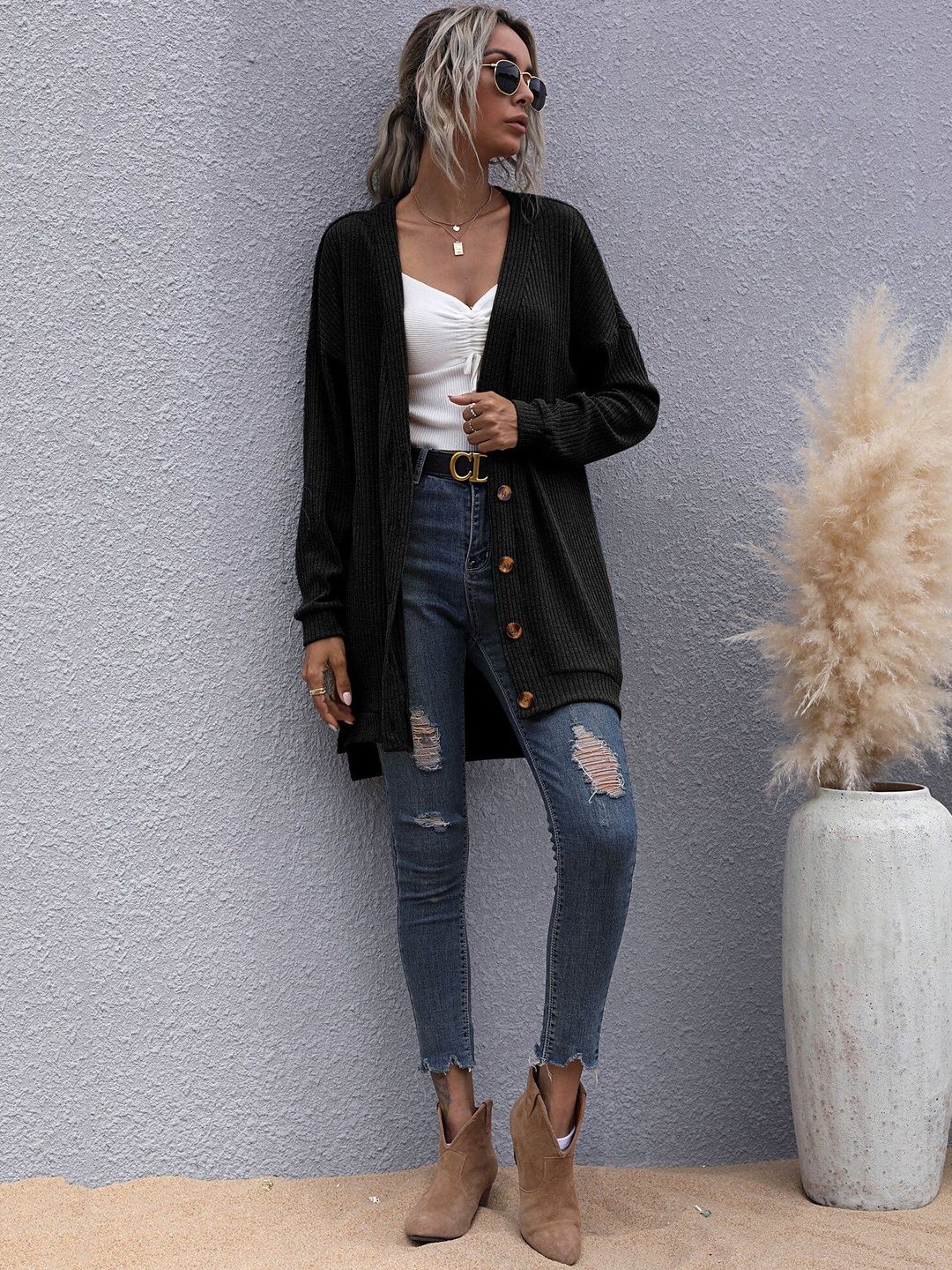 Women's Black Ribbed Acrylic Cardigan