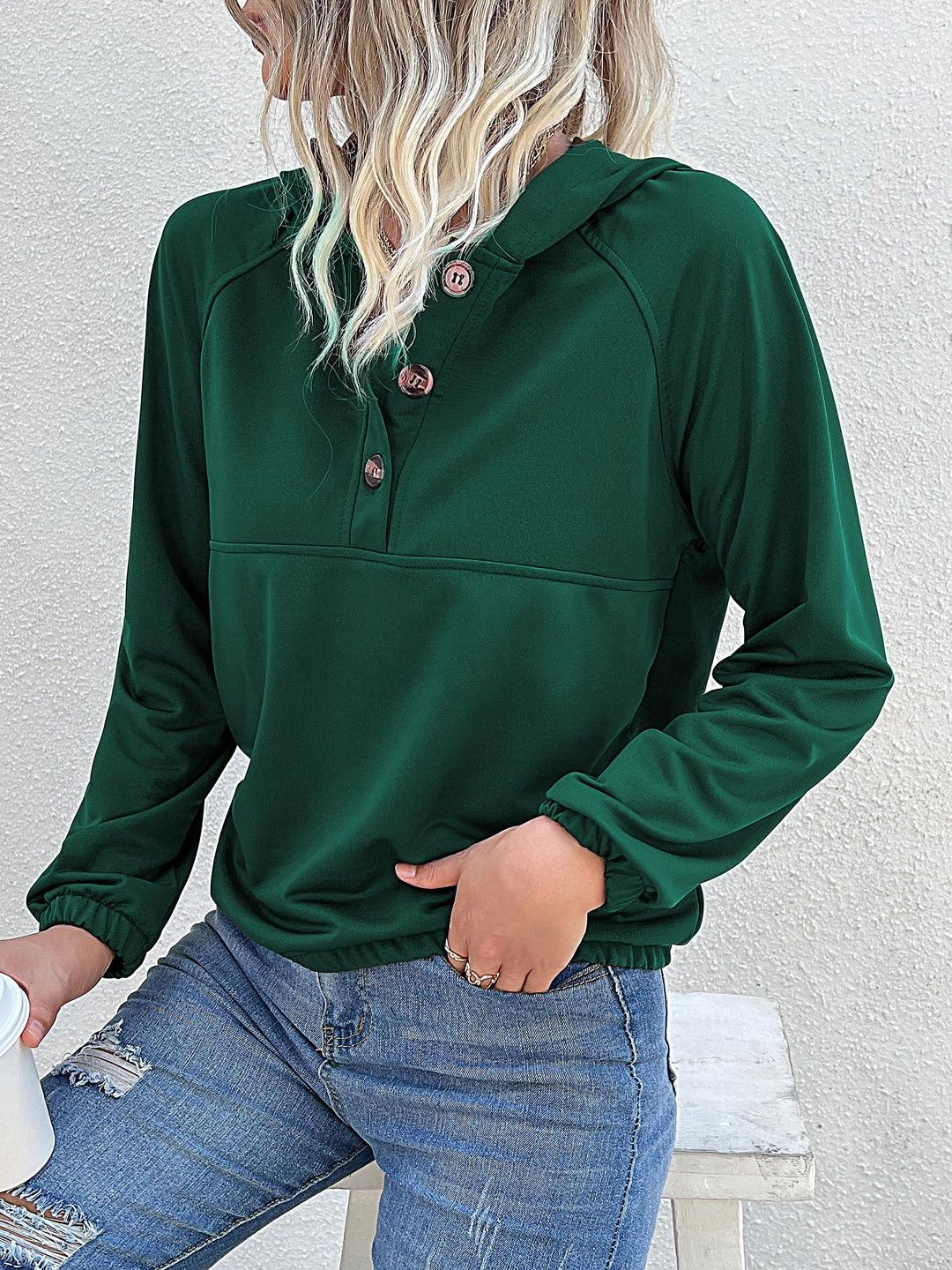 Hooded Sweatshirt in Green Cotton - Nowi Korean Fashion