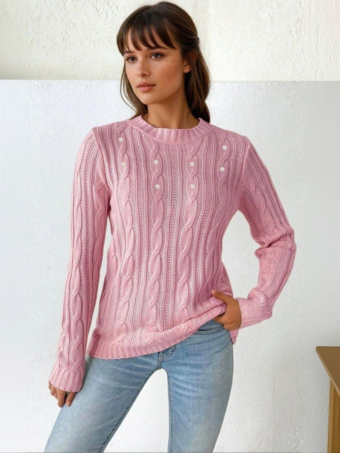 Cable Knit Pullover with Embellished Detail in Pink acrylic - Nowi Korean Fashion