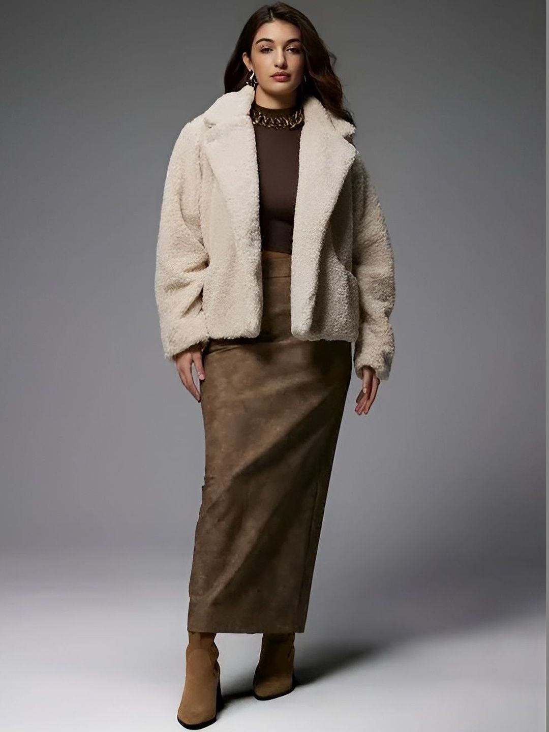 Sepra Fur Jacket in Beige faux-fur; sherpa - Nowi Korean Fashion