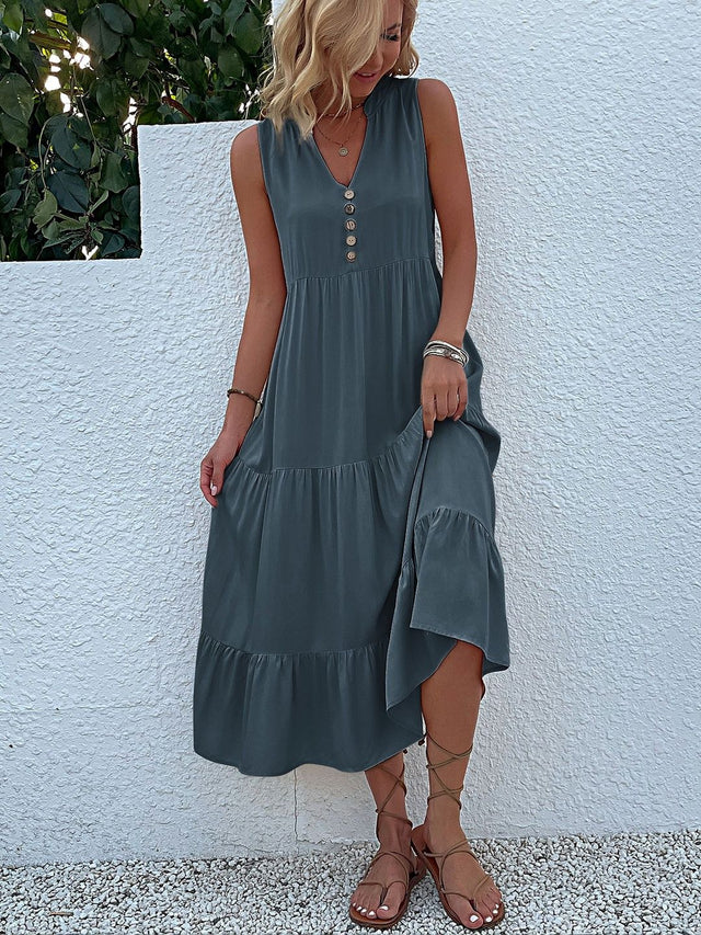 A-Line Midi Dress in Grey cotton - Nowi Korean Fashion