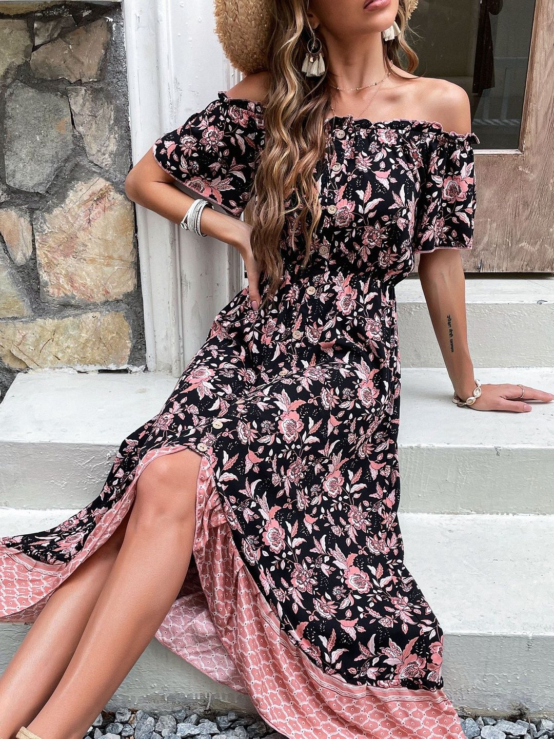 Floral Print Off-Shoulder Maxi Midi Dress