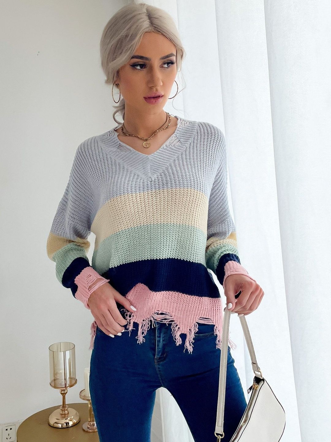 Women's Pink Colourblocked Pullover With Fringed Detail