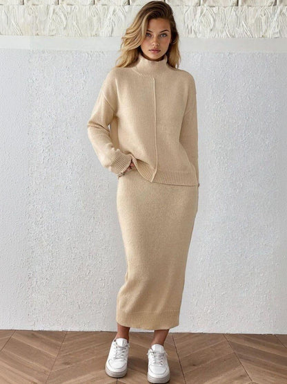 Knitted Solid Sweater with Skirt in Beige - Nowi Korean Fashion
