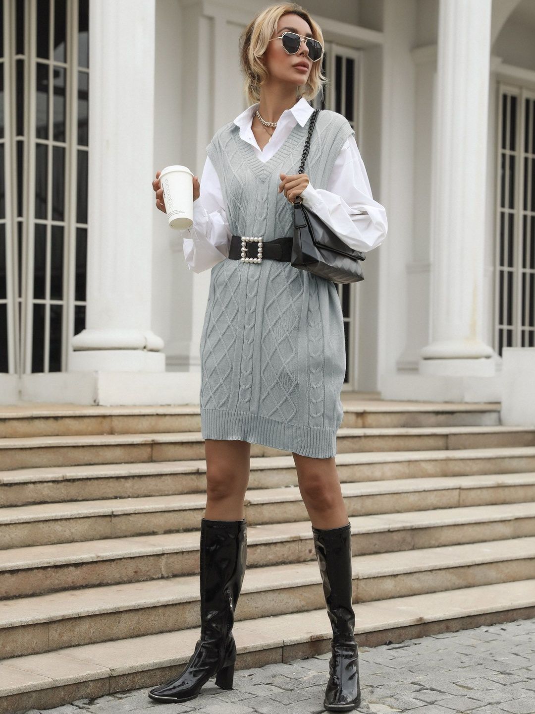 Women's Grey Cable Knit Sweater Vest Printed Regular Fit